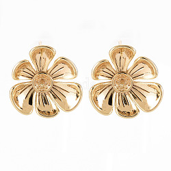Brass Stud Earrings Findings, for Half Drilled Bead, Nickel Free, Flower, Real 18K Gold Plated, 18x17mm, Hole: 0.8mm, Pin: 0.8mm, Pin 0.8mm(for Half Drilled Beads)