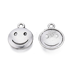 Tibetan Style Alloy Pendants, Cadmium Free & Lead Free, Flat Round with Smiling Face, Antique Silver, 19x15.5x2.5mm, Hole: 1.8mm, about 1040pcs/1000g
