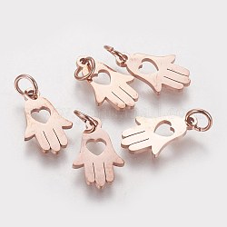 304 Stainless Steel Pendants, Hamsa Hand/Hand of Fatima/Hand of Miriam with Heart, Rose Gold, 15x9.5x1mm, Hole: 4mm