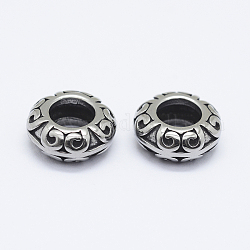 304 perline in acciaio inossidabile, perline con foro grande, rotondo e piatto, argento antico, 11x4.5mm, Foro: 5.5 mm