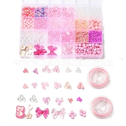 DIY-Schmuck-Kits, einschließlich Acrylperlen, ABS-Kunststoff-Nachahmung Perlen, Runde Saatperlen, Emaille Anhänger Legierung, rosa