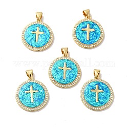 Rack Plating Brass Micro Pave Cubic Zirconia with Synthetic Opal Pendants, with Jump Ring, Lead Free & Cadmium Free, Long-Lasting Plated, Flat Round with Cross, Real 18K Gold Plated, 21.5x19x2.4mm, Hole: 5x3.6mm
