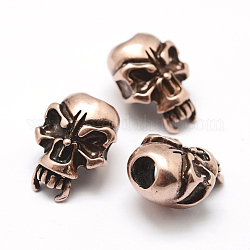 Brass Beads, Skull, Large Hole Beads, Lead Free & Nickel Free & Cadmium Free, Brushed Red Copper, 21x15x12mm, Hole: 6mm