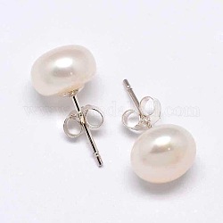 Cadeau de fête des mères boucles d'oreilles semi-rondes en perles naturelles, avec 925 épingles en argent sterling et poussoirs d'oreilles, blanc antique, 10x7mm, pin: 0.7 mm