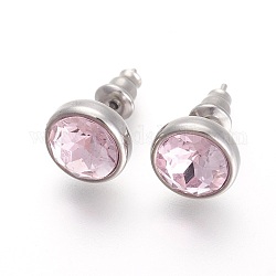 304 Stainless Steel Stud Earrings, with Rhinestone, Flat Round, Light Rose, 10x6mm, Pin: 0.9mm