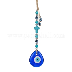 Décorations de pendentif mauvais œil en résine bleue, Ornement œil porte-bonheur turquoise synthétique en forme de croix avec perles de verre, larme, 220~310mm, pendentif: 120x30x7 mm