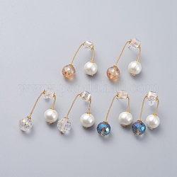 Round Eco-Friendly Glass Pearl & Glass Beads Ear Studs, with 304 Stainless Steel Ear Stud Findings, Copper Wire and Plastic Ear Nuts, Earring Backs, Mixed Color, 40mm, Pin: 0.6mm
