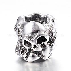 316 chirurgische europäische Perlen aus rostfreiem Stahl, Schädel, Großloch perlen, hohl, Antik Silber Farbe, 9x9 mm, Bohrung: 4.5~5 mm
