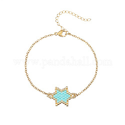 Bracelet à maillons étoiles en perles de rocaille de verre avec chaînes câblées en acier inoxydable doré, aigue-marine, 7-7/8 pouce (20 cm)