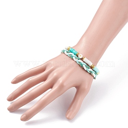 Ensemble de bracelets de perles heishi en argile polymère faits à la main, bracelets en cordon tressé en faux suède, plat rond avec motif coeur bracelets de perles acryliques pour femme, or, verte, 2-1/8 pouce (5.3 cm), 2 pièces / kit