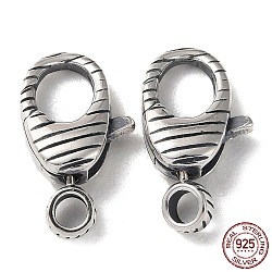925 Thailand Sterling Silver Lobster Claw Clasps, Stripe, with 925 Stamp, Antique Silver, 15x8.5x3.5mm, Hole: 1.8mm