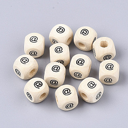 Perles européennes en bois naturel d'érable, Perles avec un grand trou   , cube avec marque @, blanc antique, 10x10x10mm, Trou: 4mm, environ 174 pcs/100 g