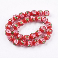 Fili di perline murano fatto a mano, fiore interno, tondo, rosso, 11~12x12~12.5mm, Foro: 1.5~2 mm
