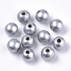 Perles de bois naturel peintes à la bombe, ronde, couleur d'argent, 12x11mm, Trou: 3.5mm