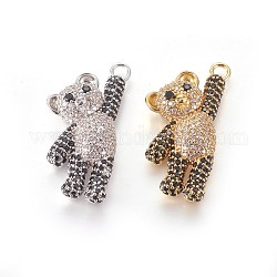 Brass Micro Pave Cubic Zirconia Pendants, Bear, Clear & Black, Mixed Color, 35x17x8mm, Hole: 3mm