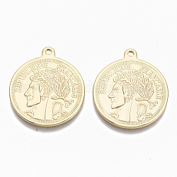 Colgantes monedas de latón, sin níquel, con palabras republique francaise & man face, real 18k chapado en oro, 26.5x23x1.5mm, agujero: 1.8 mm