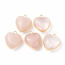 Ciondoli quazo rosa naturale, con i risultati in ottone placcato oro, charms cuore, 18~19x15~17x7~10mm, Foro: 2 mm