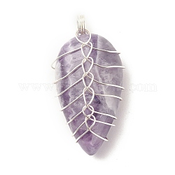 Natural Amethyst Pendants, with Silver Tone Eco-Friendly Copper Wire Wrapped, Teardrop, 32~33x15~17.5x8~9mm, Hole: 3.2~3.4mm