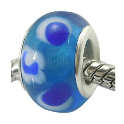 Rondelle Deep Sky Blue Handmade Lampwork Large Hole European Beads, with Silver Color Brass Core, Size: about 13mm in diameter, 8.5mm thick, hole: 5mm