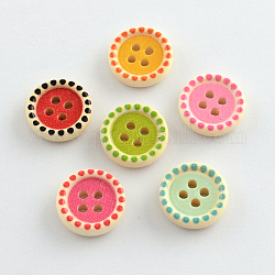4-Hoyo botones de madera impresos, plano y redondo, color mezclado, 15x4mm, agujero: 2 mm