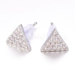 Brass Micro Pave Cubic Zirconia Stud Earrings, Triangle, Platinum, 8.5x10x2mm, pin: 0.6mm