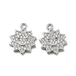 Brass Micro Pave Clear Cubic Zirconia Charms, Flower with Smile Face, Real Platinum Plated, 13.5x11x2mm, Hole: 1.2mm