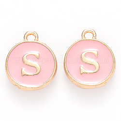 Golden Plated Alloy Enamel Charms, Cadmium Free & Lead Free, Enamelled Sequins, Flat Round with Letter, Pink, Letter.S, 14x12x2mm, Hole: 1.5mm