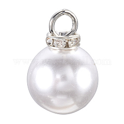 Pendentifs de perle d'imitation acrylique, avec des perles d'espacement en fer strass, ronde, blanc, platine, 23.5x16mm, Trou: 4.5mm