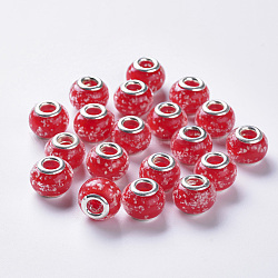 Handmade Luminous Lampwork European Beads, Large Hole Beads, with Silver Color Plated Brass Double Cores, Rondelle, Red, 14x11mm, Hole: 5mm