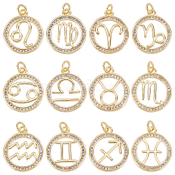SUNNYCLUE 1 Box 12 Styles Zodiac Charm Rhinestone Zodiac Charms Micro Pave Cubic Zirconia Charms Round Metal Brass Hollow Charm for Jewelry Making Charms Necklaces DIY Necklace Bracelet Earring Crafts