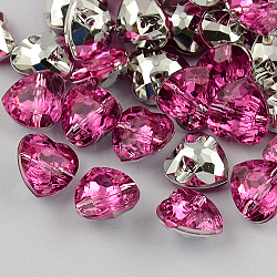 1-Hoyo Taiwán acrílico diamante de imitación botones del corazón, facetado y plateado plateado hacia atrás, magenta, 25x25x10mm, agujero: 1.5 mm