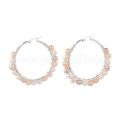 Aretes de aro con cuentas envueltos en alambre de perla natural para mujer, plata, color de concha, 52x55x8mm, pin: 0.8 mm