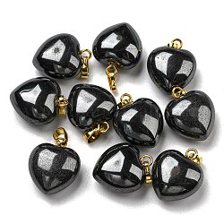 Pendentifs en pierre noire naturelle, avec les accessoires en laiton de tonalité d'or, breloque coeur, 18x15~15.5x6~8mm, Trou: 6x3mm