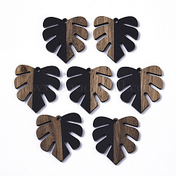 Pendentifs en bois de résine et de noyer, breloques de feuilles tropicales, pendentif feuille monstera, noir, 30x28x3.5mm, Trou: 2mm
