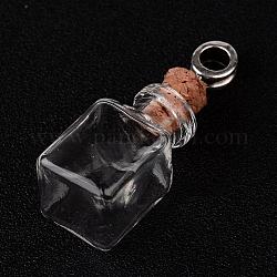 Botella de deseos de vidrio cuboide encantos colgantes europeos, con asas de tubo de aleación y fornituras de hierro, plata antigua, 47mm, agujero: 4.5 mm, capacidad: 2ml (0.06 fl. oz)