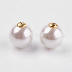 Tuercas de la perla de acrílico, pendiente trasero, con fornituras de latón de tono de oro, redondo, blanco, 13x12mm, agujero: 0.8 mm