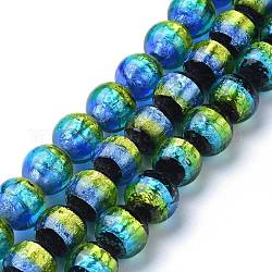 Perles vernissées de feuille en argent manuelles, lumineux, brillent dans le noir, ronde, vert jaune, 12mm, Trou: 1.4mm
