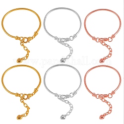 6Pcs 3 Color Brass Snake Chain Bracelets Set for Girl Women, Heart Charm Bracelets, Mixed Color, 7-1/2x1/8 inch(19cm), 3pcs/color