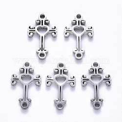 201 Stainless Steel Links Connectors, Laser Cut, Cross with Heart, Stainless Steel Color, 19x12x1.5mm, Hole: 1.6mm