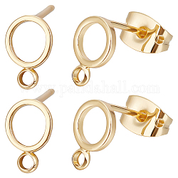 Beebeecraft 20Pcs Brass Ring Stud Earring Findings, with Horizontal Loops & Raw(Unplated) Silver Pins & Plastic Protector & 20Pcs Friction Ear Nuts, Real 18K Gold Plated, 8x6mm, Hole: 1mm, Pin: 0.7mm