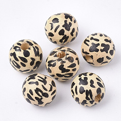 Perles de bois naturel imprimées, teinte, rond avec imprimé léopard, noir, 12.5x14x13mm, Trou: 3mm