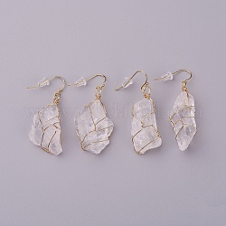 Natural Quartz Crystal Dangle Earrings, with Brass Findings and Plastic Ear Nuts, Nuggets, Golden, 22~50x10~23mm, Pin: 0.7mm