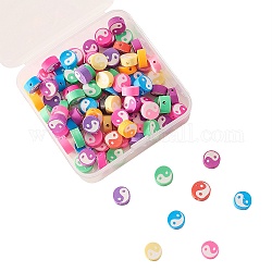 Handmade Polymer Clay Beads, Flat Round with Taiji, Mixed Color, 10x5mm, Hole: 1.6mm