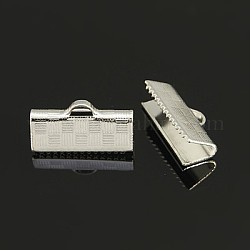 Brass Ribbon Crimp Ends, Rectangle, Silver Color Plated, 7x15mm, Hole: 1x3mm