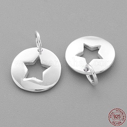 925 Sterling Silver Charms, Flat Round with Star, Silver, 14.5x11x1.5mm, Hole: 3mm