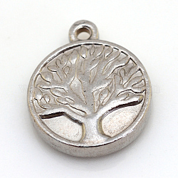 304 Stainless Steel Pendants, Flat Round with Tree of Life, Stainless Steel Color, 15.5x13x3mm, Hole: 1mm