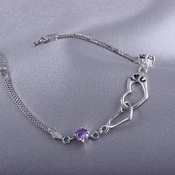 I Love U Interlock Hearts Cubic Zirconia Link Bracelet for Valentine's Day, 925 Sterling Silver Bracelet, Purple, Platinum