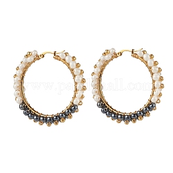 Grandes créoles tressées en perles de verre, 304 bijoux en fil d'acier inoxydable pour femme, or, noir, 48x48.5x9mm, pin: 1.1x0.6 mm