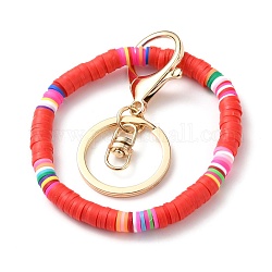 Porte-clés, avec des perles heishi en argile polymère faites à la main et un fermoir mousqueton en alliage de fer plaqué or, anneau, rouge, 6.7 cm