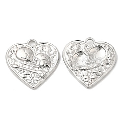 304 Stainless Steel Pendants, Textured, Heart with Skull Charm, Stainless Steel Color, 20x20.5x2mm, Hole: 2.5mm